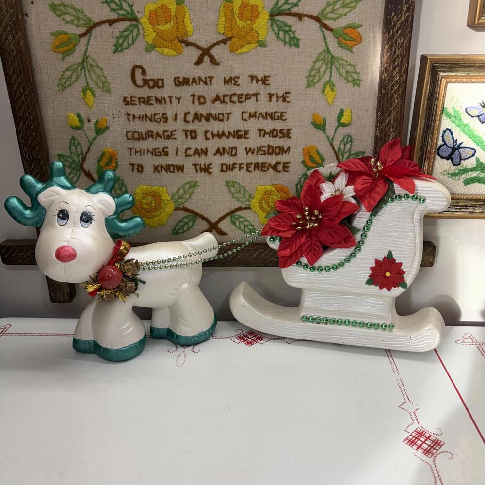 Kitsch reindeer and sleigh bisque wall plaque vintage 1990’s